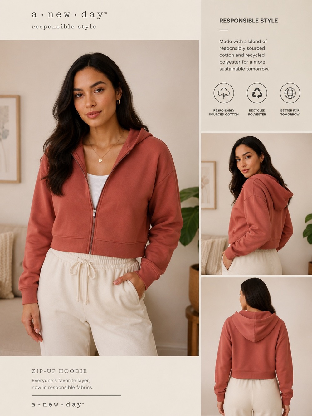A New Day Responsible Style Cropped Zip Hoodie Dusty Rose NWT Size Large & XL